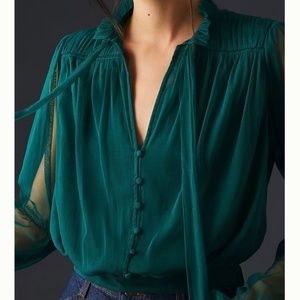 Anthropologie Green Sheer Tulle Blouse Size S
